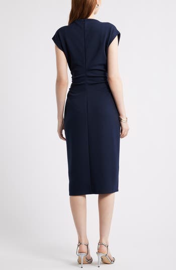 Ruched Funnel Neck Midi Dress