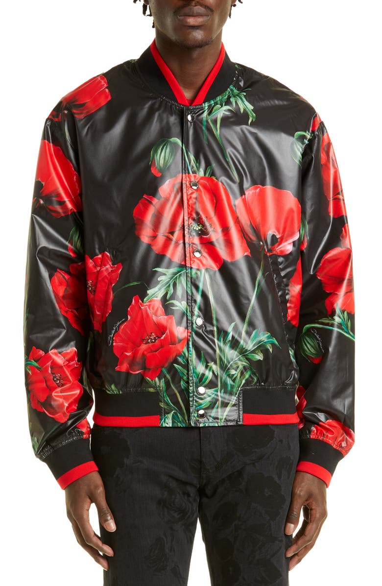Dolce&Gabbana Men's Floral Faux Leather Bomber Jacket, Main, color, 