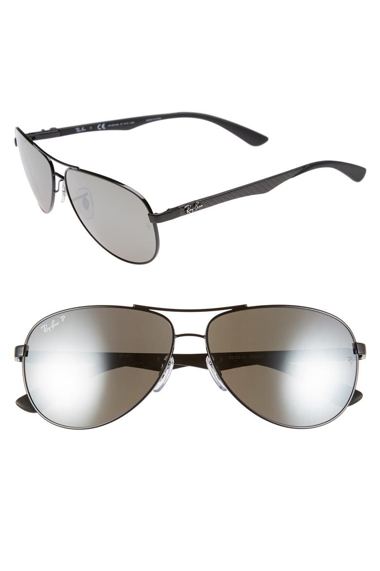 'TECH' Polarized 61mm Aviator Sunglasses, Main, color, SHINY BLACK/ BLACK POLAR