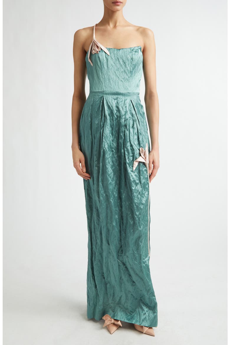 Tulip Appliqué Strapless Crinkled Metallic Satin Evening Gown, Main, color, EAU DE NIL