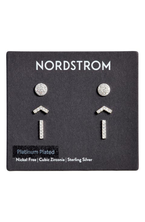 Set of 3 Cubic Zirconia Geometric Stud Earrings