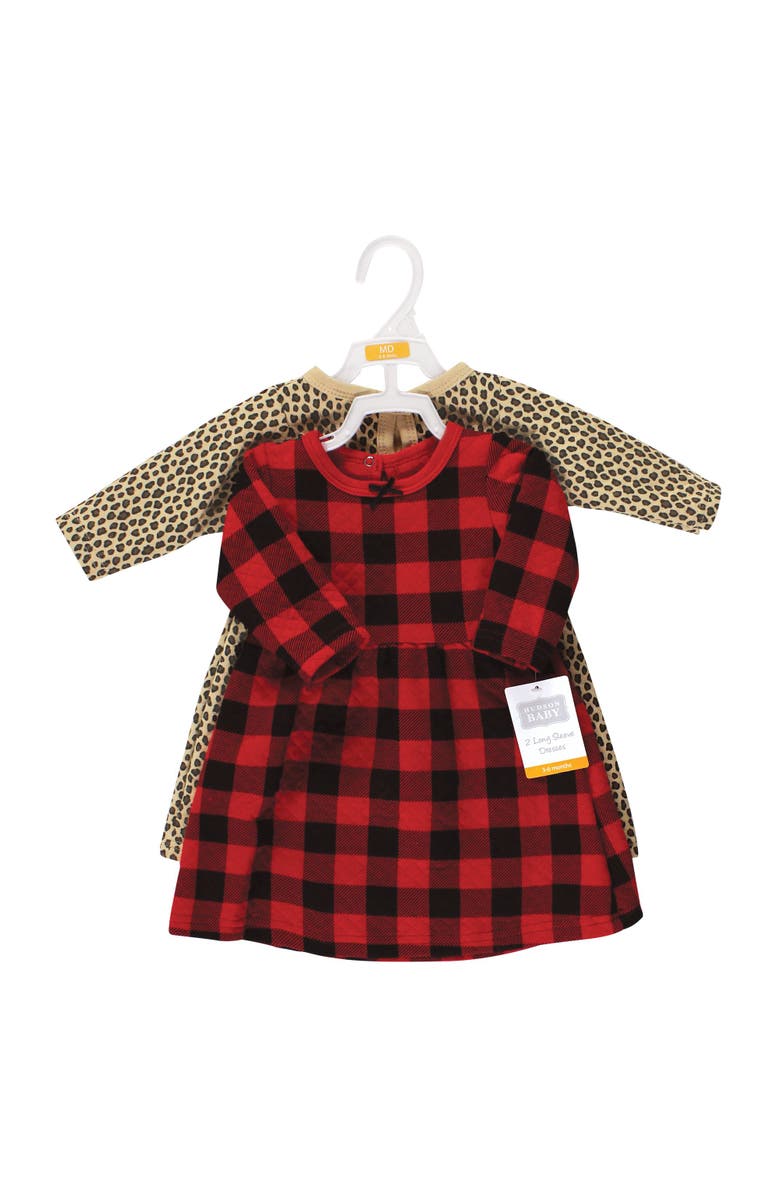 Hudson Baby Double Pack of Long-Sleeve Dress, Alternate, color, Buffalo Plaid Leopard