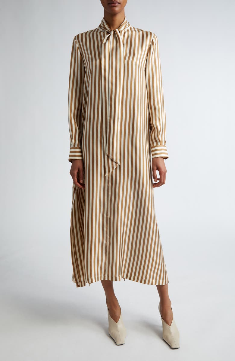 Max Mara Faesite Stripe Long Sleeve Silk Twill Shirtdress, Main, color, Honey