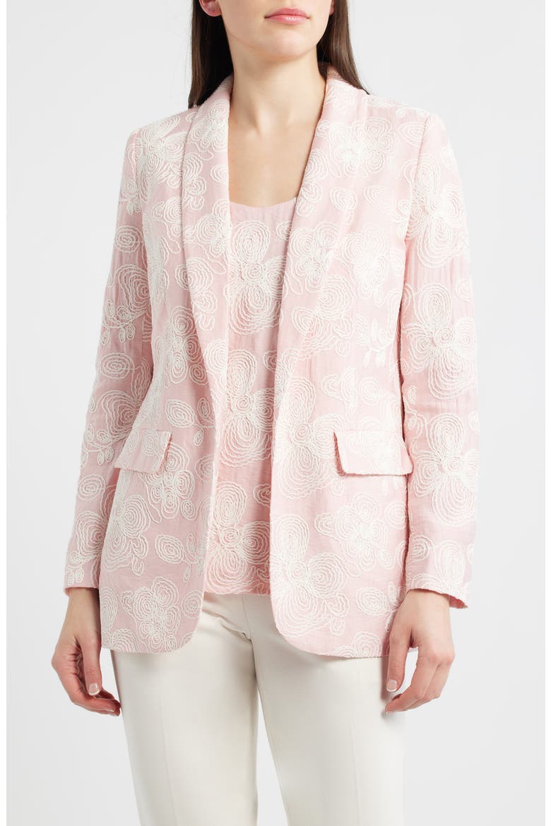 Floral Embroidered Open Front Shawl Collar Blazer, Main, color, ROSE WATER/WHITE DOVE