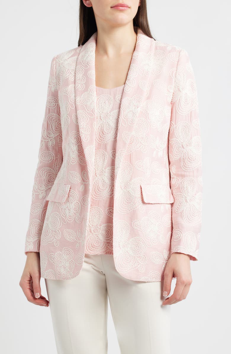 Anne Klein Floral Embroidered Open Front Shawl Collar Blazer, Main, color, Rose Water / White Dove