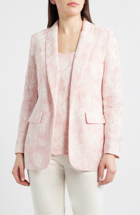 Floral Embroidered Open Front Shawl Collar Blazer (Regular & Petite)