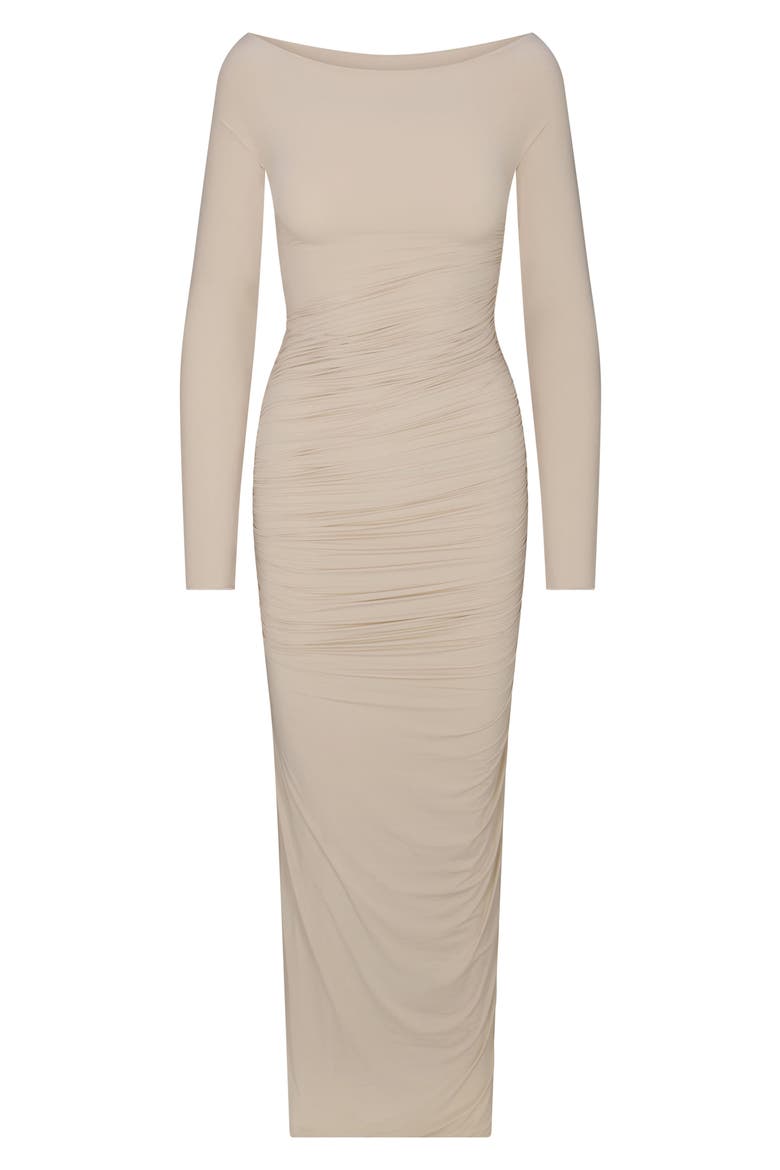 Ruched Off the Shoulder Long Sleeve Maxi Dress, Alternate, color, TAUPE