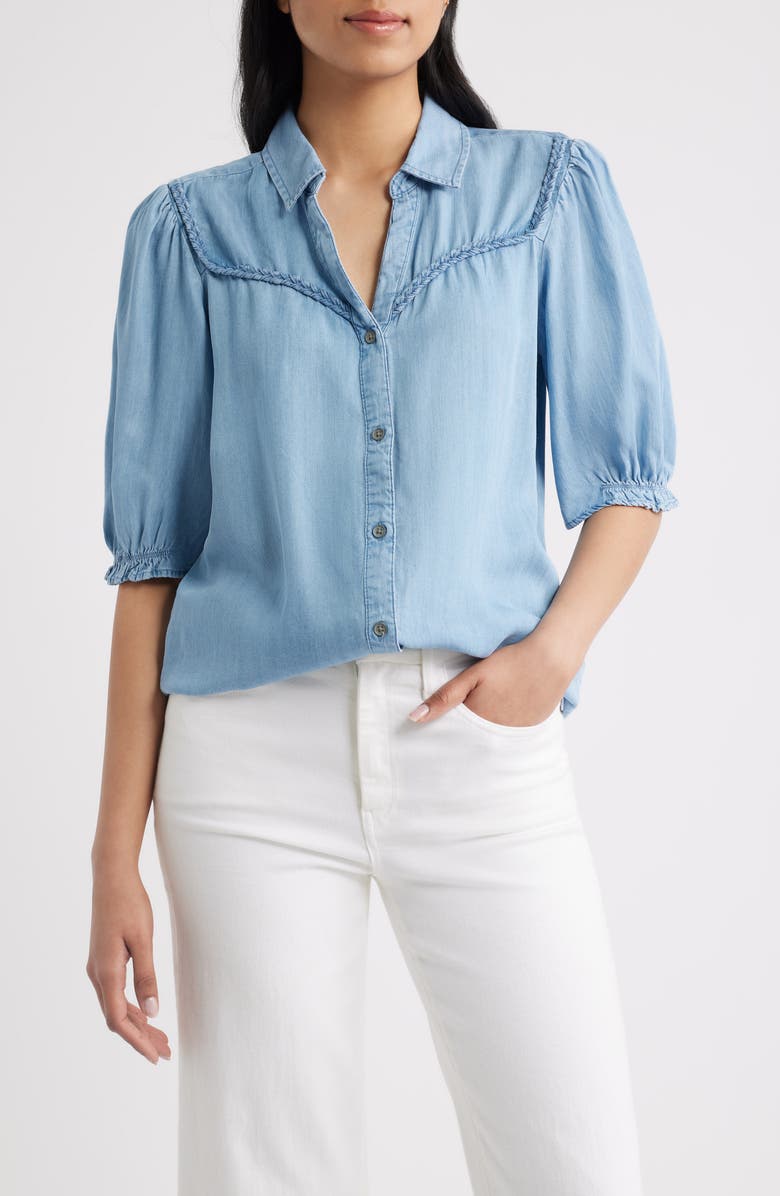 beachlunchlounge Indira Denim Shirt, Main, color, Light Wash