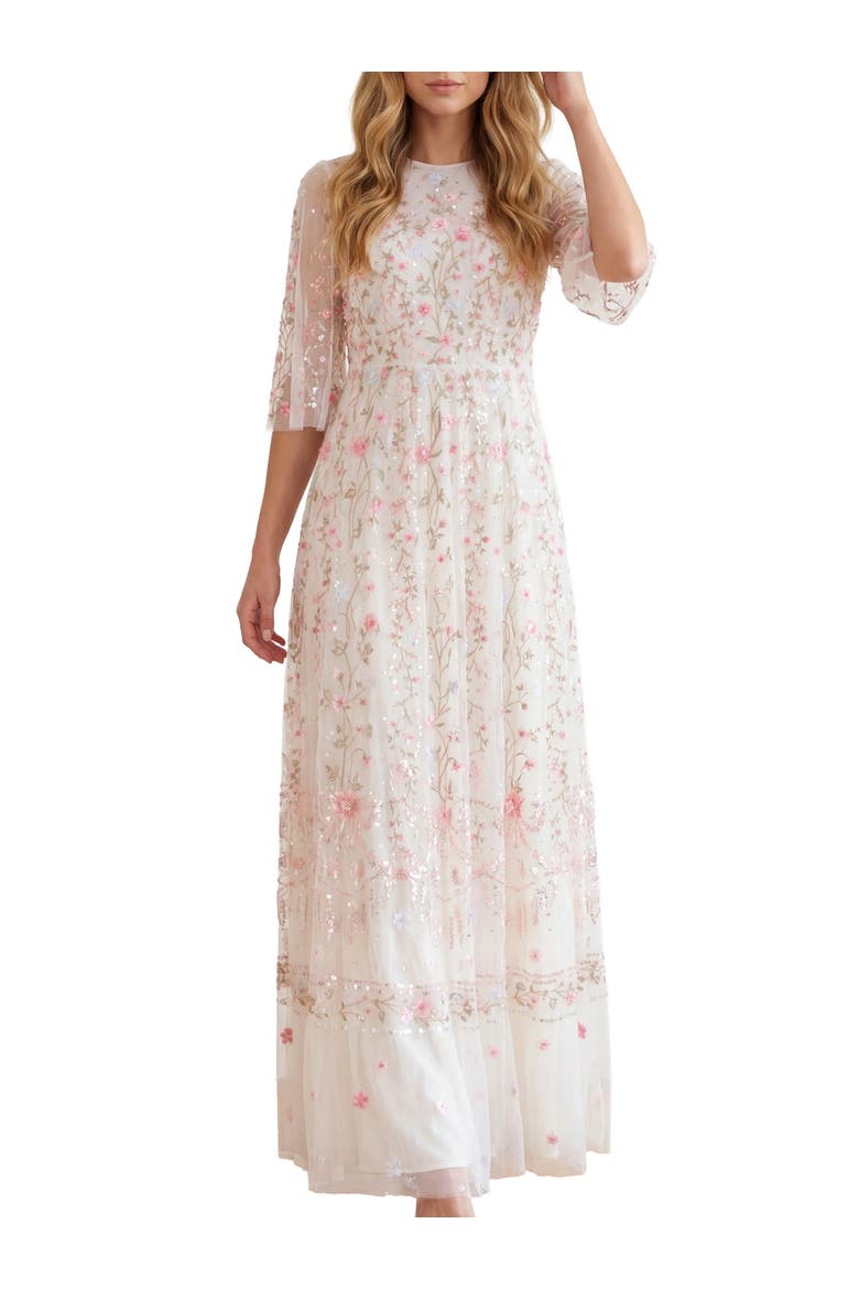 Rococo 3/4 Sleeve Embroidered Gown, Main, color, Chalk