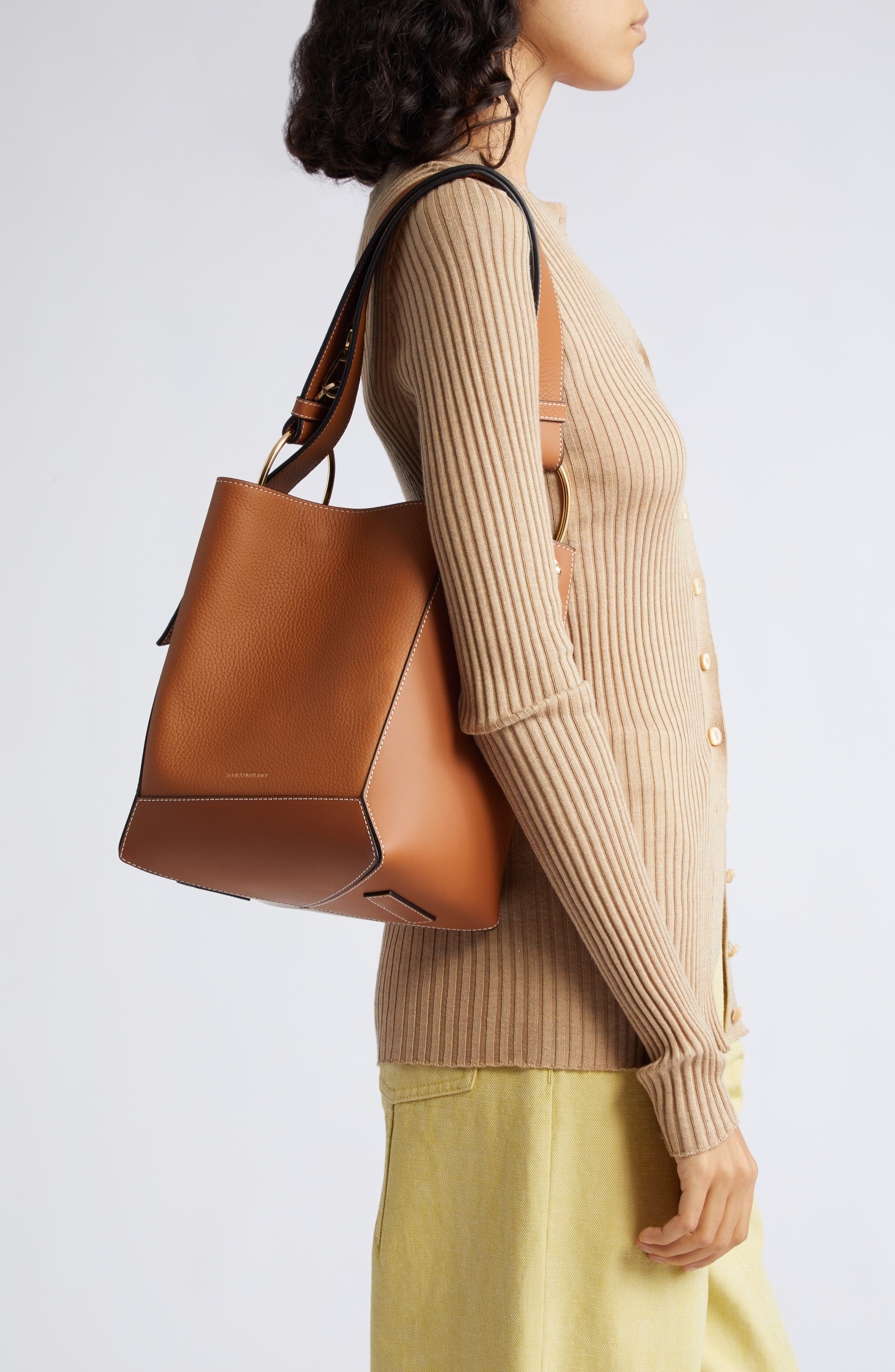 Strathberry Midi Lana Leather Bucket Bag, Alternate, color, Tan/ Vanilla