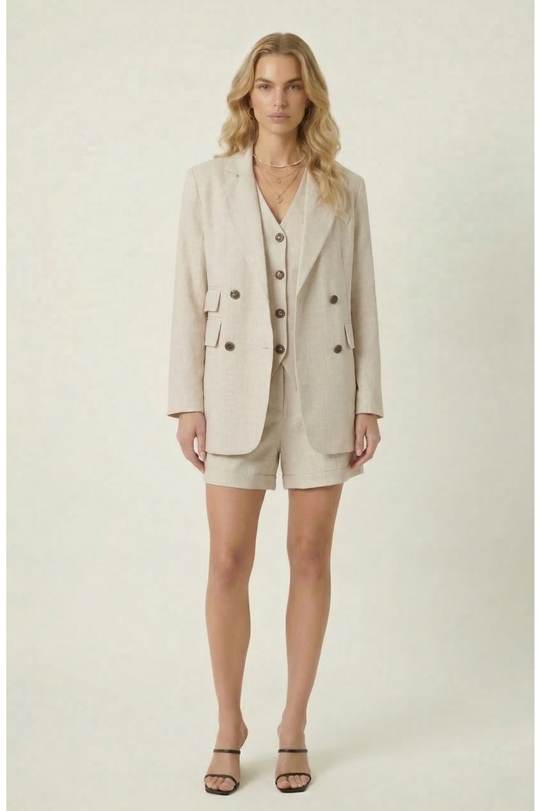Linen Three-Piece Blazer Vest & Tailored Shorts Set, Alternate, color, Light Beige