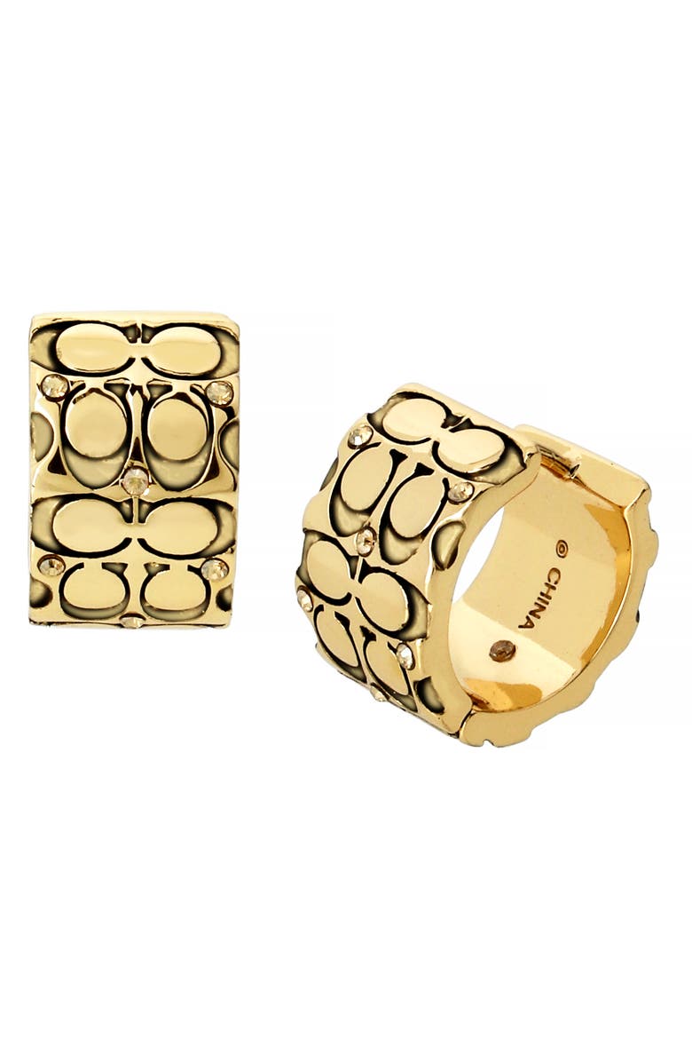 COACH Logo Embossed Huggie Hoop Earrings, Main, color, Golden Shadow/ Gold