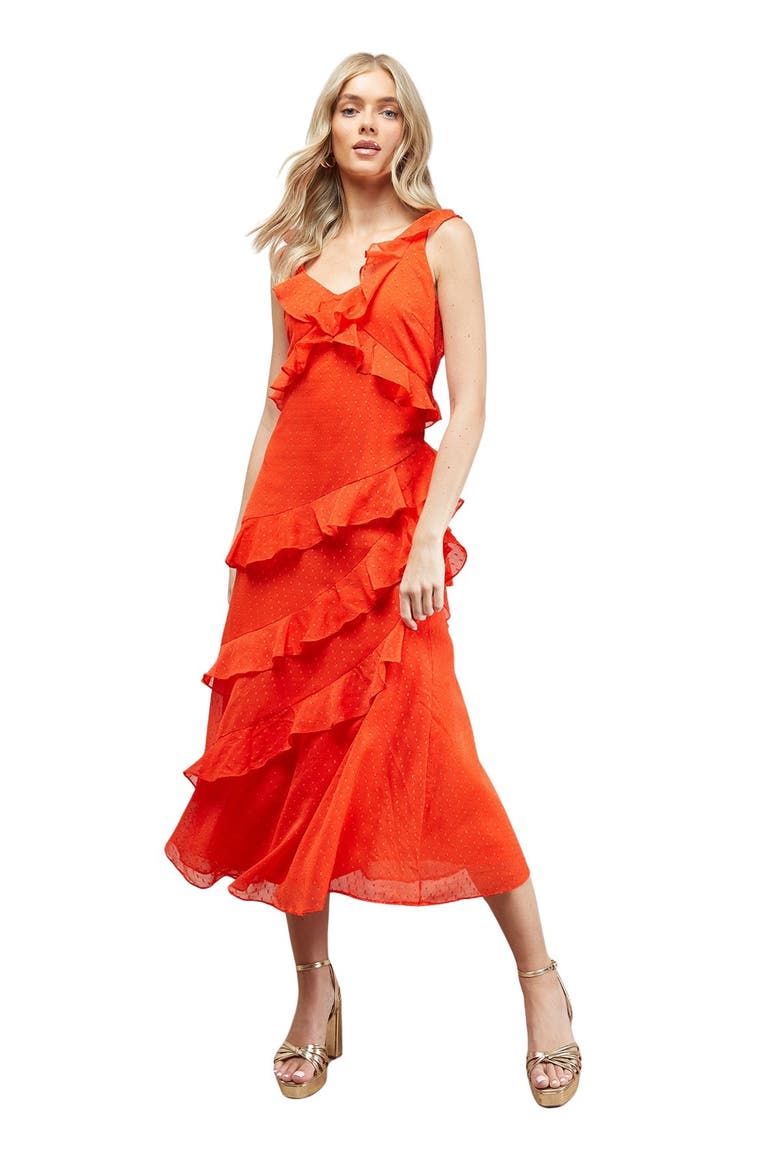 Dobby Ruffle V-Neck Tiered Midi Dress, Main, color, Orange