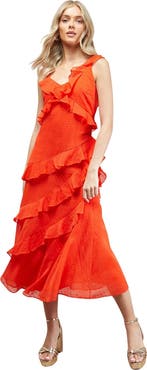 Oasis Dobby Ruffle V-Neck Tiered Midi Dress