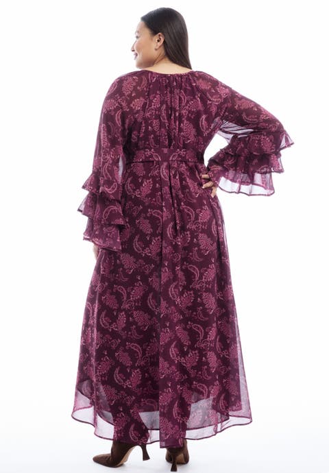 Ruffled Paisley Chiffon Maxi Dress