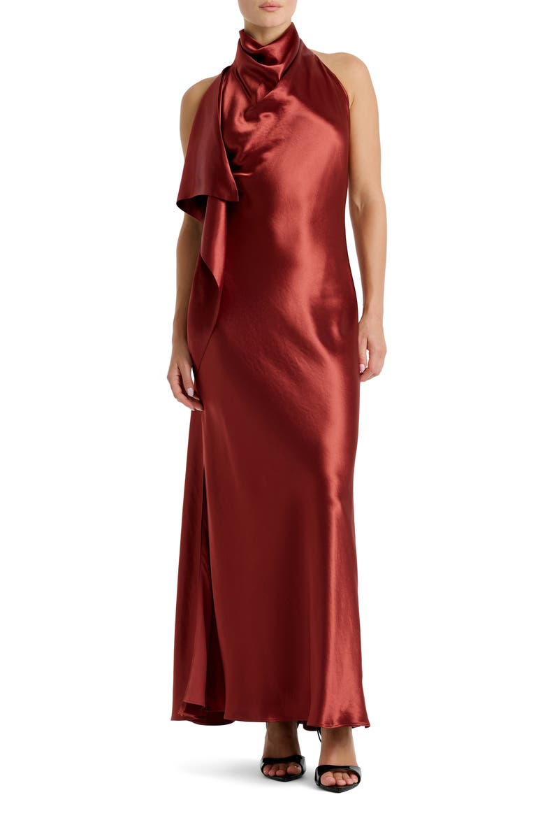 Sierra Drape Mock Neck Halter Satin Gown, Main, color, RUST