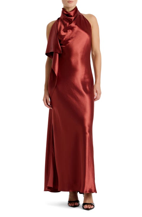 Sierra Drape Mock Neck Halter Satin Gown