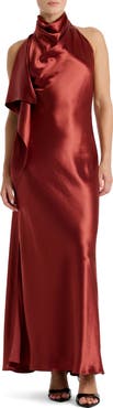 Bardot Sierra Drape Mock Neck Halter Satin Gown