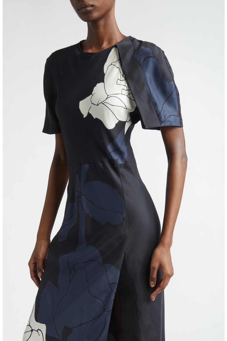 Floral Print Split Hem Midi Dress, Alternate, color, DARK NAVY PALE ROSE