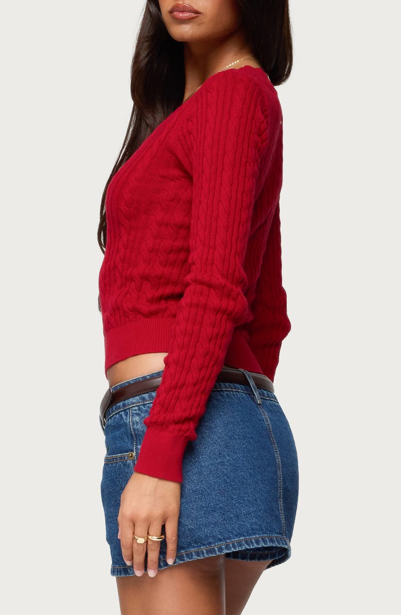 EDIKTED Ashlee V-Neck Cable Knit Sweater, Alternate, color, Red