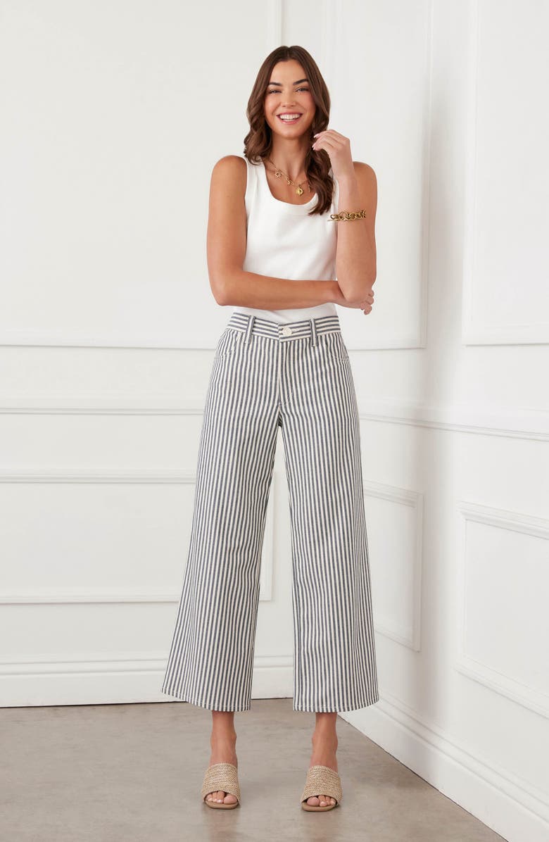 Karen Kane Stripe Crop Wide Leg Jeans, Alternate, color, Cream W/ Navy