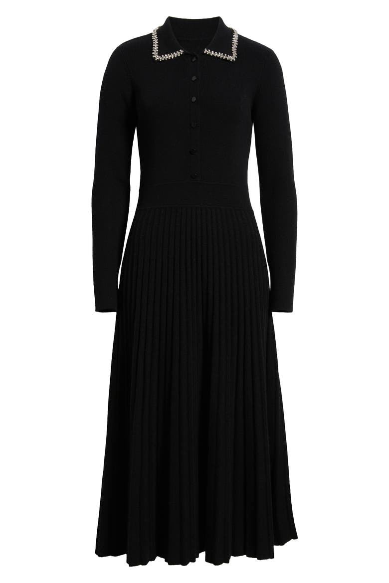 Penny Embellished Collar Pleated Long Sleeve Cashmere Sweater Dress, Alternate, color, NOIR BLACK