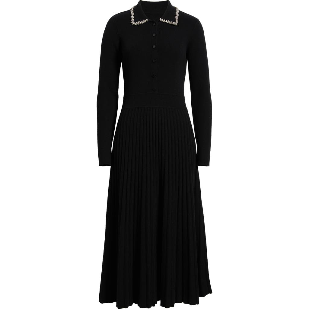 Elie Tahari Penny Embellished Collar Pleated Long Sleeve Cashmere Sweater Dress In Black