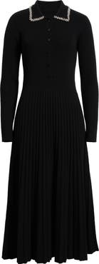 Elie Tahari Penny Embellished Collar Pleated Long Sleeve Cashmere Sweater Dress
