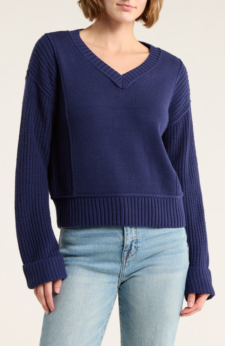 Lucky Brand Textured V-Neck Sweater, Main, color, Medieval Blue