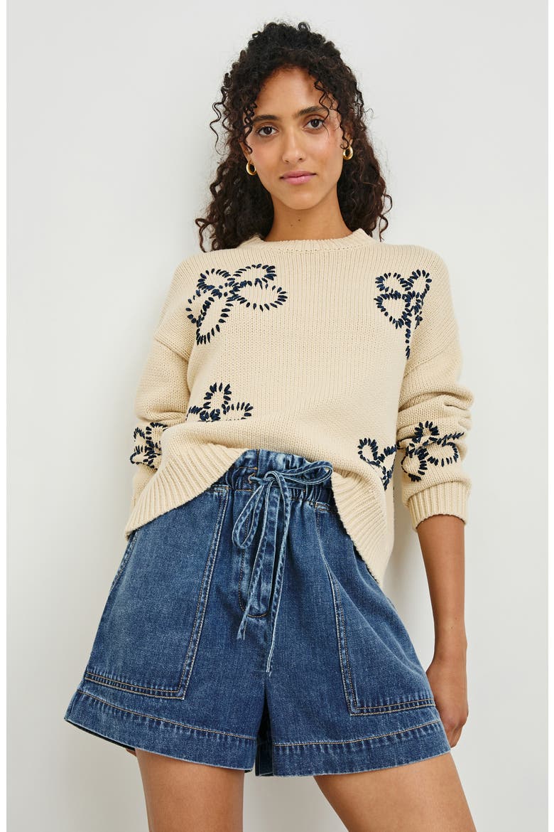 Zoey Floral Stitch Sweater, Alternate, color, IVORY NAVY STITCHED DAISIES
