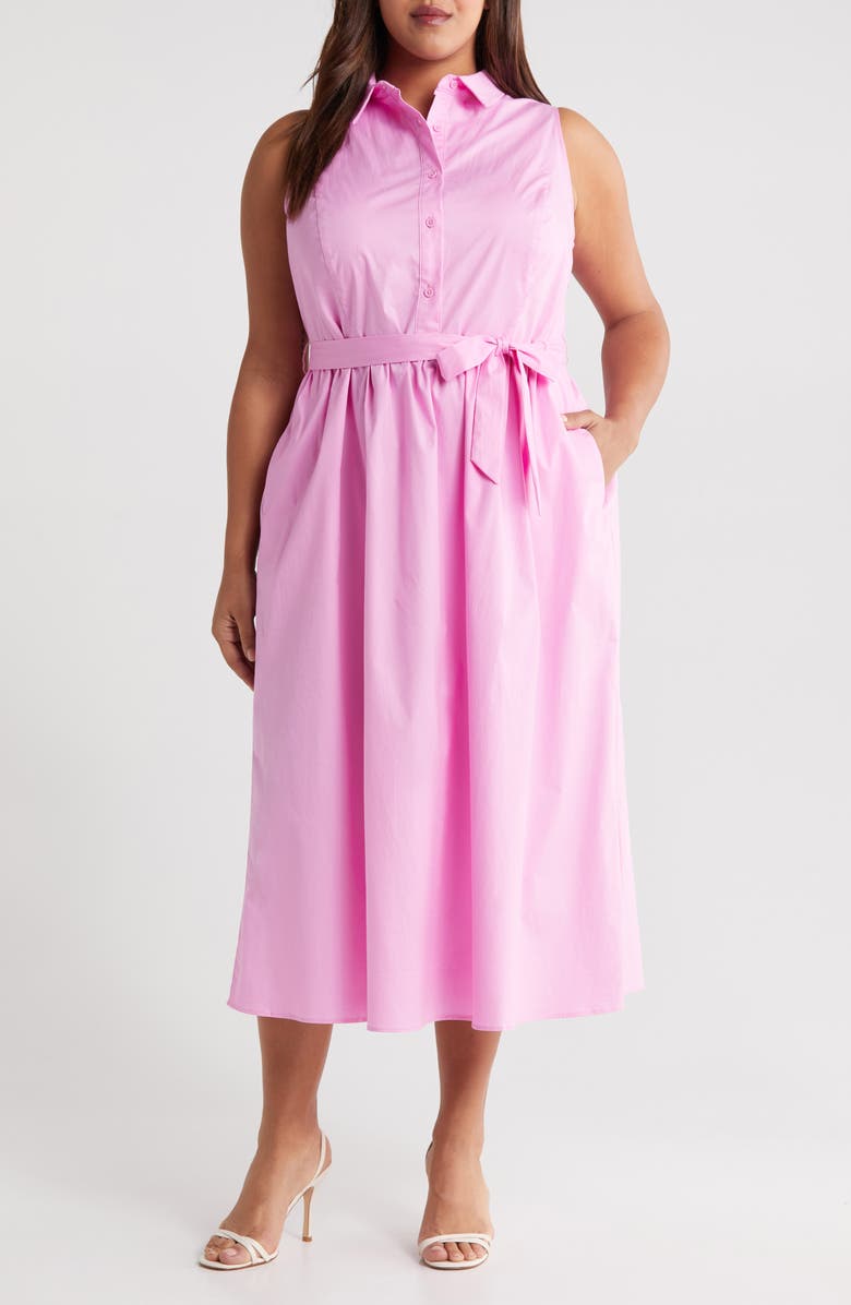 Maggy London Tie Waist Sleeveless Stretch Poplin Shirtdress, Main, color, Pastel Lavender