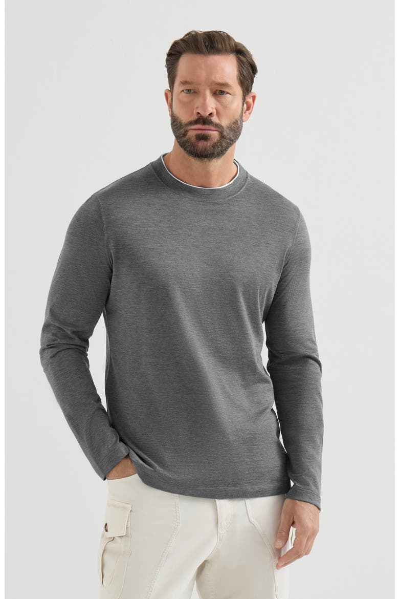 Silk and cotton lightweight jersey long sleeve crew neck T-shirt with contrast detail, Main, color, Off-White