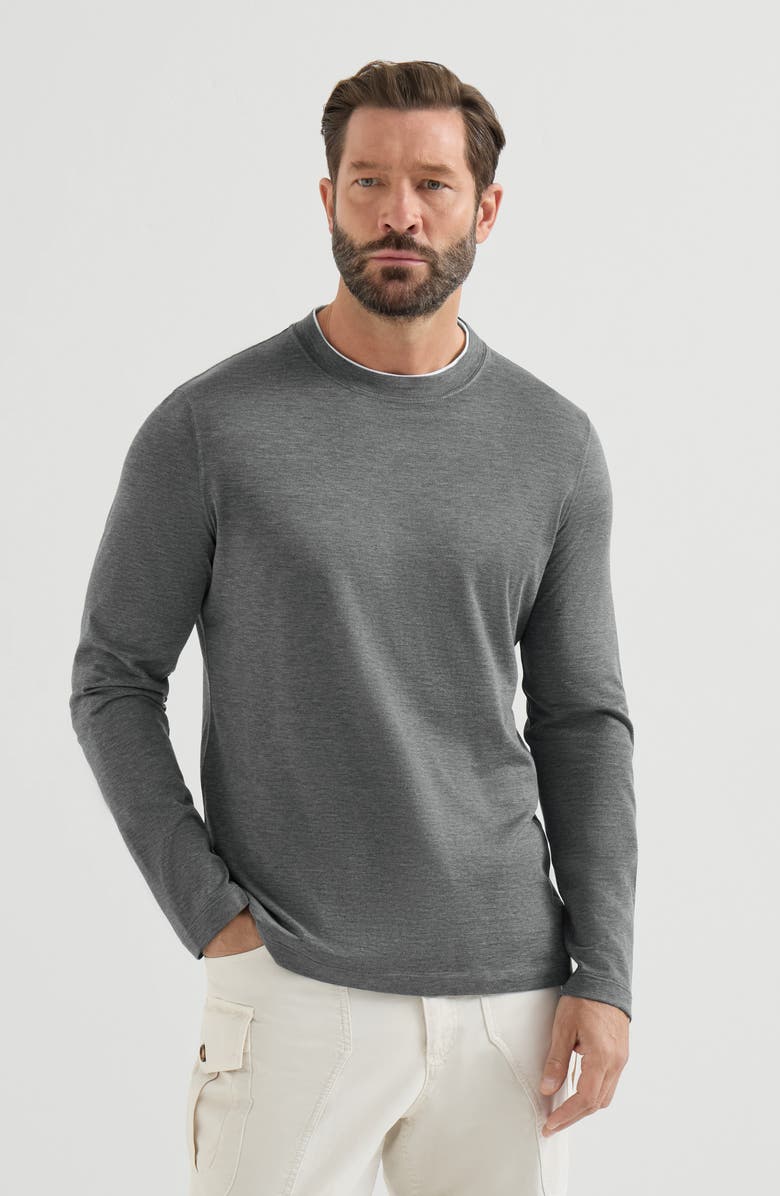 Brunello Cucinelli Silk and cotton lightweight jersey long sleeve crew neck T-shirt with contrast detail, Main, color, Off-White