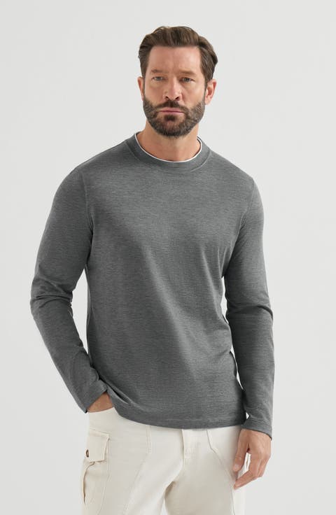 Silk and cotton lightweight jersey long sleeve crew neck T-shirt with contrast detail