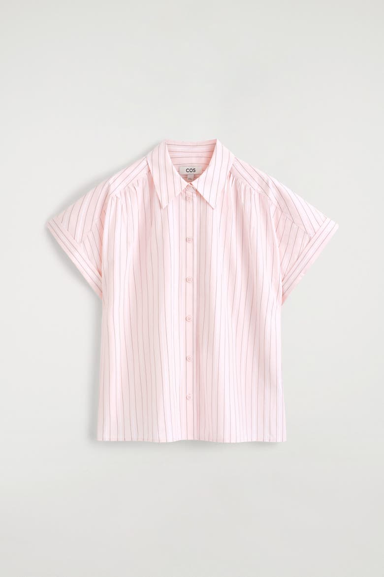 Striped Short-sleeved Cotton Shirt, Alternate, color, PINK / STRIPED