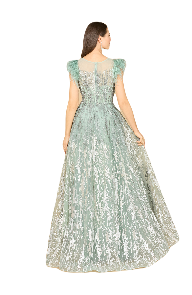 LARA New York Lace ballgown with Feather Cap Sleeves, Alternate, color, Sage