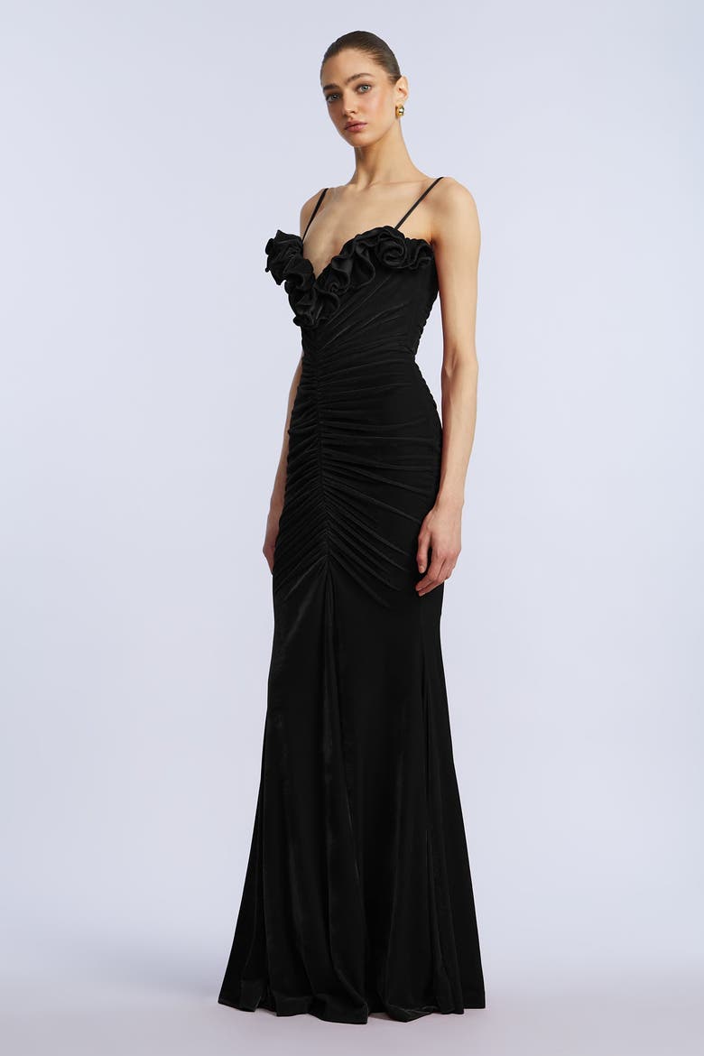 Ruffle Velvet Gown, Alternate, color, Black