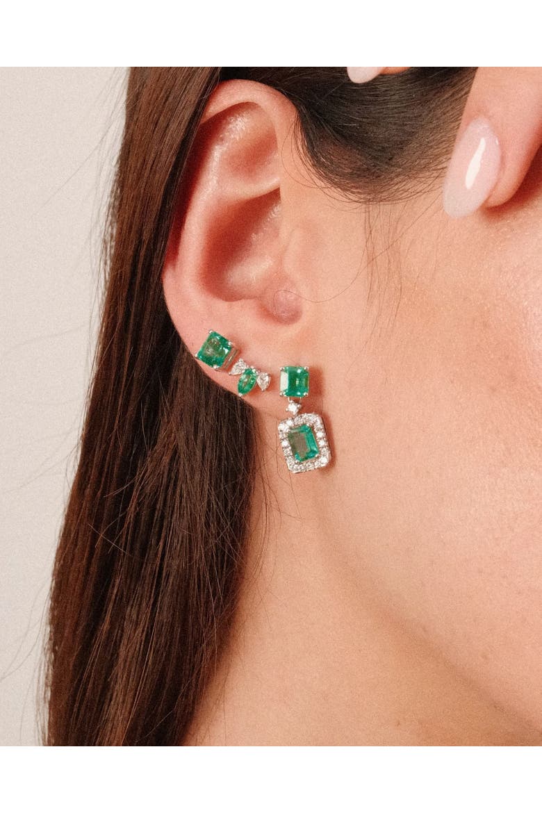 Emerald Cut Emerald & Diamond Halo Drop Earrings, Alternate, color, Green