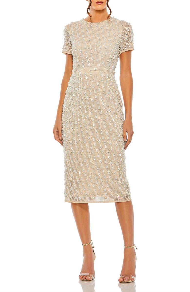 Mac Duggal High Neck Short Sleeve Embellished Dress, Main, color, 