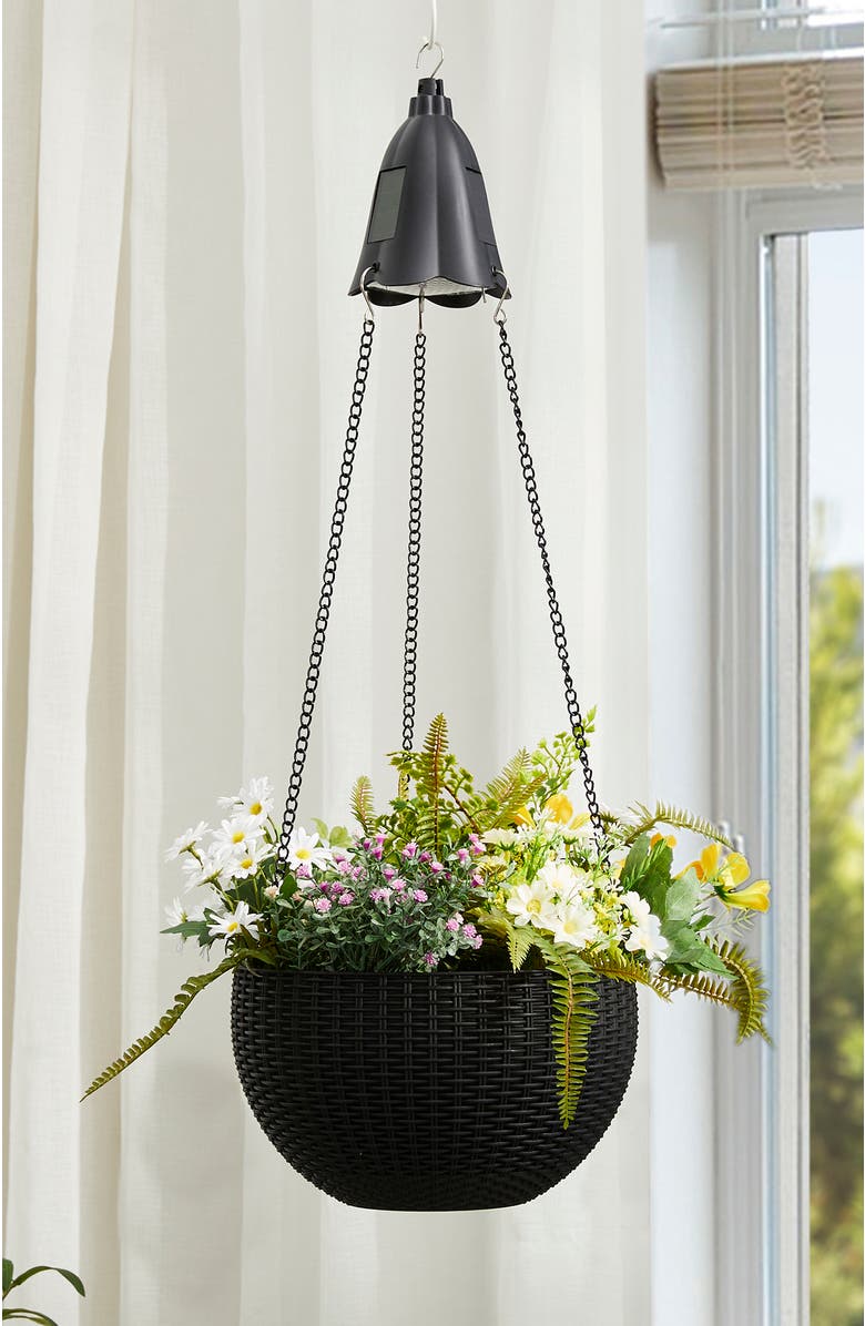 Glitzhome 30"H Solar Lighted Hanging Black Plastic Basket Planter, Alternate, color, Black