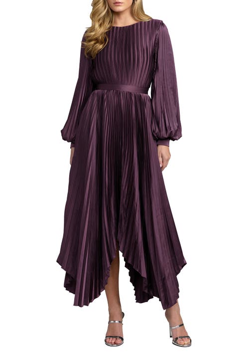Long Sleeve Pleated Charmeuse Handkerchief Hem Midi Dress