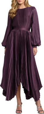 Mac Duggal Long Sleeve Pleated Charmeuse Handkerchief Hem Midi Dress