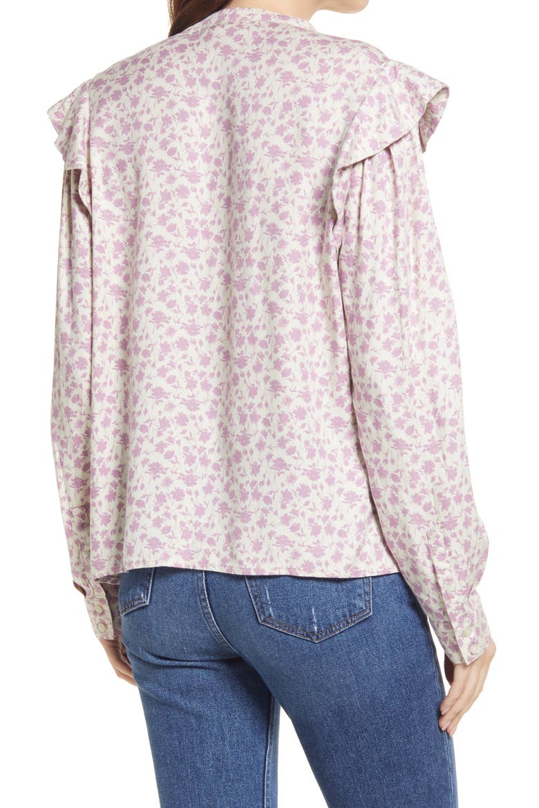 Floral Ruffle Trim Button-Up Shirt, Alternate, color, PURPLE SILHOUETTE FLORAL