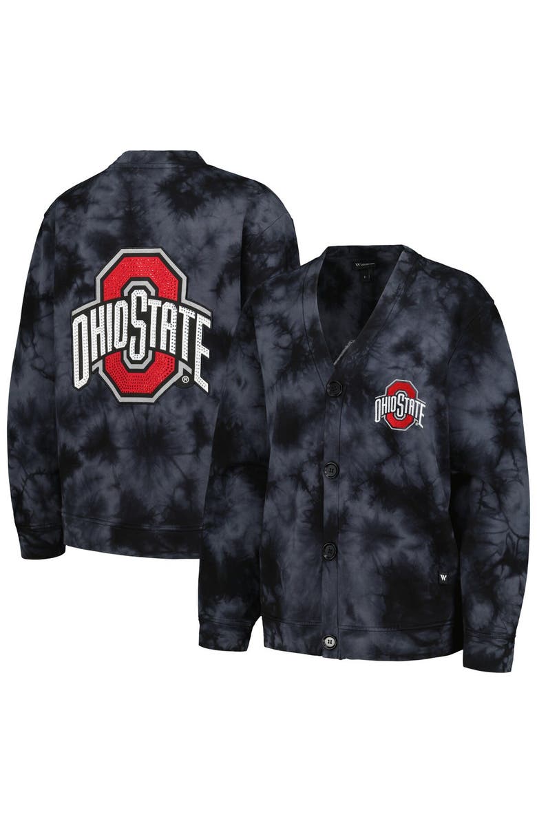 THE WILD COLLECTIVE Women's The Wild Collective Black Ohio State Buckeyes Jeweled Tie-Dye Button-Up V-Neck Sweater, Alternate, color, Black