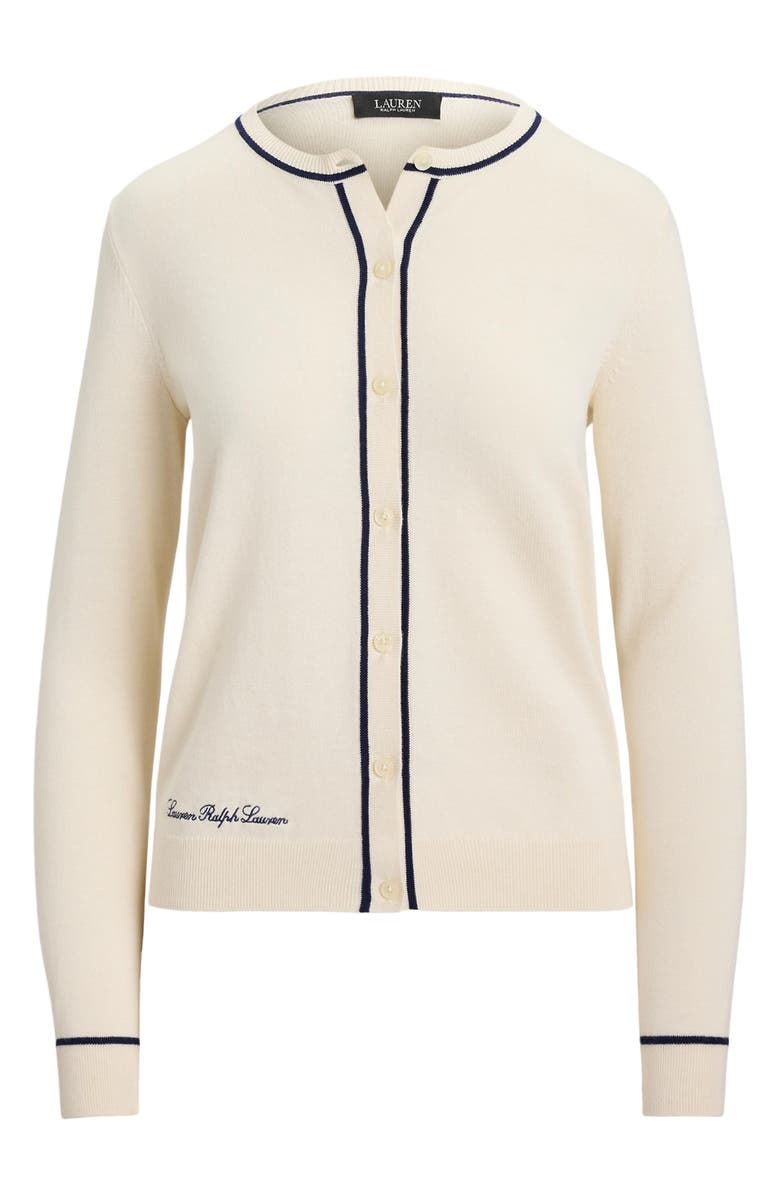 Lauren Ralph Lauren Contrast Trim Cotton Blenbd Cardigan, Alternate, color, Mascarpone Cream/ Refined Navy