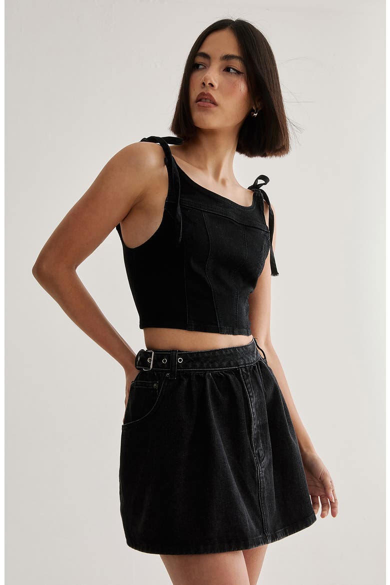 Belted Denim Miniskirt, Alternate, color, BLACK