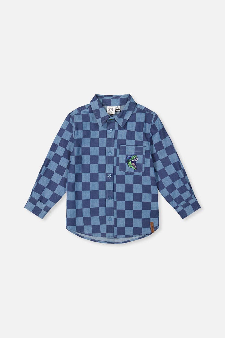 Checkered Dino Embroidered Chest Pocket Chambray Shirt, Main, color, Blue Checkered Print