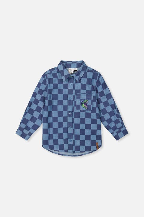 Checkered Dino Embroidered Chest Pocket Chambray Shirt