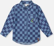 Deux par Deux Checkered Dino Embroidered Chest Pocket Chambray Shirt