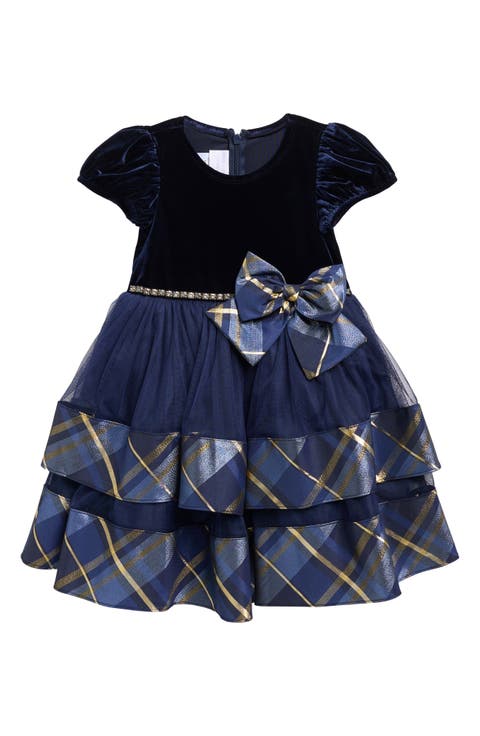 Kids' Velvet & Tiered Plaid Dress
